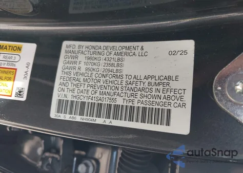 2025 Honda Accord Se из США, поврежденный, VIN 1HGCY1F41SA017555